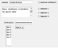 Captura de pantalla que muestra los componentes de una interfaz gráfica. En la parte superior, la palabra etiqueta seguida de un cuadro de texto. Debajo de ésta, otro cuadro de texto de tamaño superior. A la derecha, una casilla de verificación y debajo de ésta tres botones de selección. Debajo de ambos, se ven elementos para crear un menú desplegable.