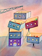 Dibujo de varias personas, uniendo varios pisos para formar un edificio con la ayuda de una grúa.