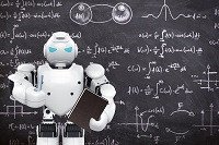 Robot junto a una pizarra