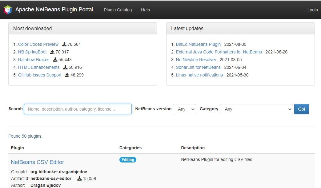 Zona de Plugins de la página de NetBeans.