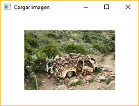Ventana de aplicación con una foto de un coche lleno de piedras.