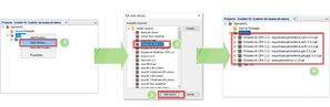 Pasos para incluir EclipseLink en un proyecto NetBeans. Imagen que ilustra el proceso de incorporación de EclipseLink a un proyecto NetBeans. En primer lugar la imagen indica que hay que seleccionar la opción añadir librería, después, se muestra como se selecciona la librería EclipseLink y se pulsa el botón añadir. Posteriormente, aparecen todos los archivos jar necesarios en la lista de archivos.