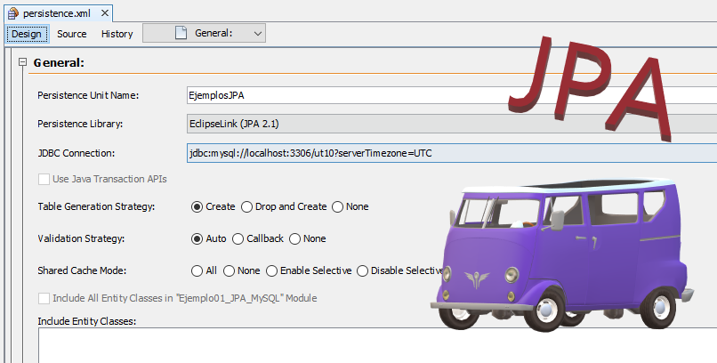 Imagen que muestra la interfaz gráfica de configuración de la unidad de persistencia en NetBeans con adornos.
