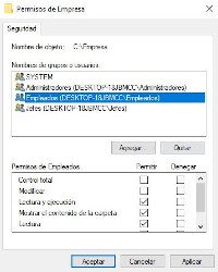 Grupos de usuarios que deben tener acceso a la carpeta Empresa, estos son Empleados, Jefes y Administradores