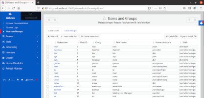 Pantalla que muestra la herramienta Usuarios y grupos de Webmin